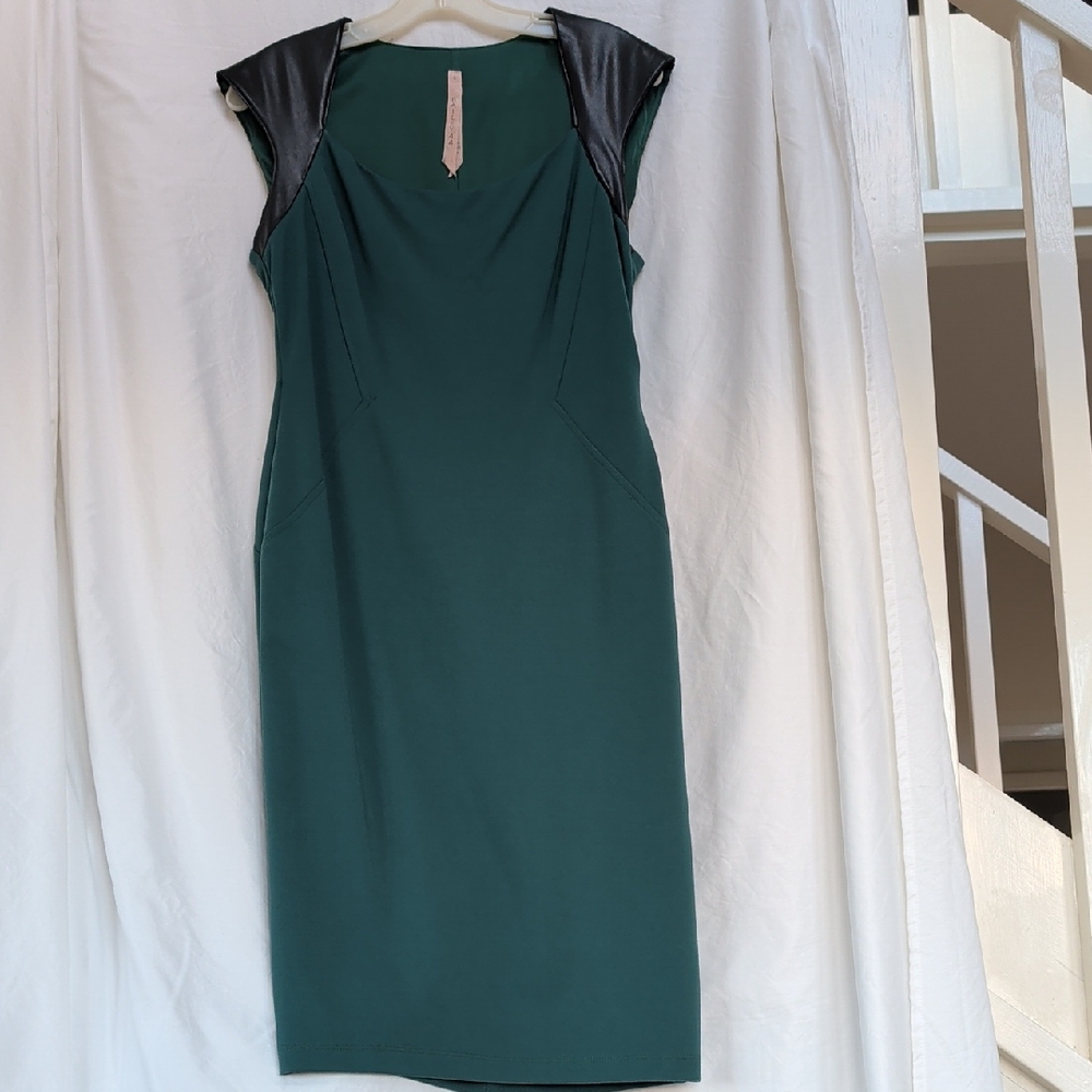 Bailey 44 stretch green dress with faux leather shoulder detail NWOT